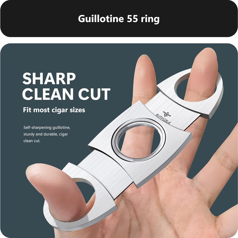 roygra طقم قاطع السيجار (5 قطع) ، ملحقات السيجار للرجال تناسب جميع أنواع السيجار - قاطعة جيلوتين من الفولاذ المقاوم للصدأ ، قطع على شكل V موسعة ، ثقب ، حامل ، حقيبة جلدية - ملحقات التدخين ، قطع حادة محمولة - Image 2